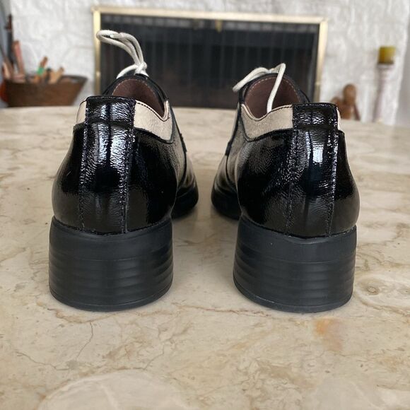 Wonders Smart Blackk / White Patent Block Heel Oxford Lace Up Shoes Ultra Light - Picture 7 of 16